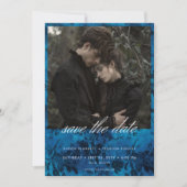 Dark Moody Black & Blue Damask Foto Hochzeit Save The Date (Vorderseite)