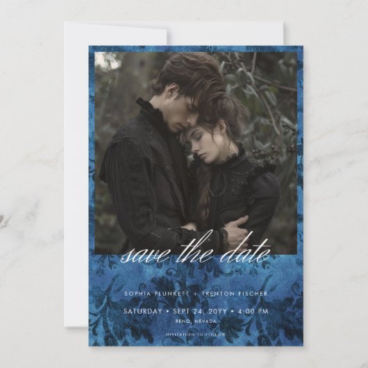 Dark Moody Black & Blue Damask Foto Hochzeit Save The Date (Vorderseite)