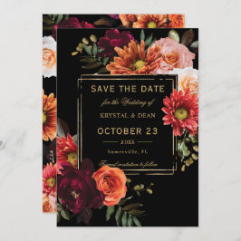 Dark Moody Black Burgundy Orange Floral Wedding Save The Date