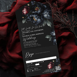 Dark Moody Black Peony Gothic Wedding QR Code All In One Einladung