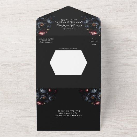 Dark Moody Black Peony Gothic Wedding QR Code All In One Einladung (Außenbereich)