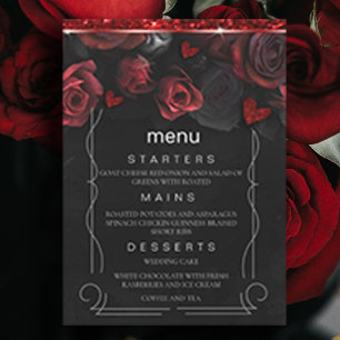 Dark Moody Black Red Florals Menü Einladung