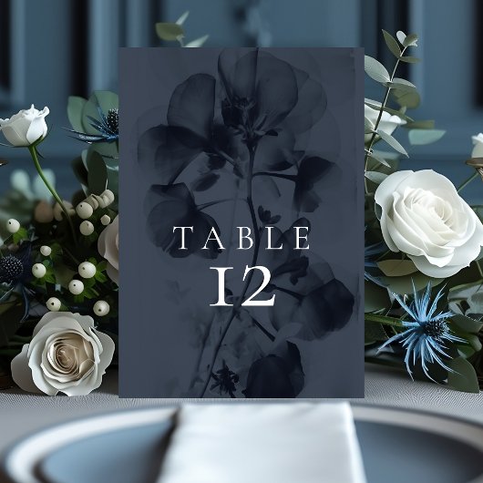 Dark Moody Blue Botanical Floral Wedding Tischnummer