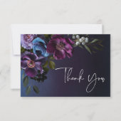 Dark Moody Blue Lavender Floral Moderne Hochzeit Dankeskarte (Vorderseite)