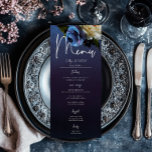 Dark Moody Blue Lavender Floral Moderne Hochzeit Menükarte<br><div class="desc">Das exquisite Hochzeitsmenü, das Moderne Eleganz und Vintage Anziehungskraft mühelos verbindet. Set vor einem stimmungsvollen marineblauen Hintergrund, ein sanfter, seitlich liegender Bouquet mit dunklen lila, lavendelblauen und cremefarbenen Blume, lila Beeren und zartem botanischem Grün. Die Farbenmischung symbolisiert den Reichtum Ihrer gemeinsamen Reise, während das Vintage Ambiente dem zeitgenössischen Design eine...</div>
