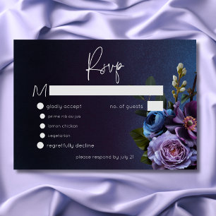 Dark Moody Blue Lavender Floral Moderne Hochzeit RSVP Karte