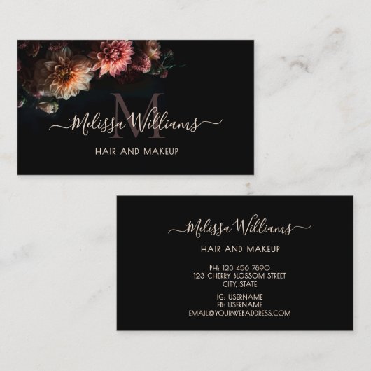Dark Moody Blush Flowers Monogram Black Visitenkarte (Vorne/Hinten)