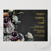 Dark Moody Bold Floral Black & Lila Wedding Folieneinladung (Vorderseite)