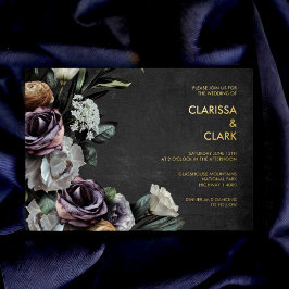 Dark Moody Bold Floral Black & Lila Wedding Folieneinladung
