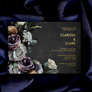 Dark Moody Bold Floral Black & Lila Wedding Folieneinladung