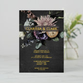 Dark Moody Bold Floral Black Lila Wedding Folieneinladung (Stehend vorne)