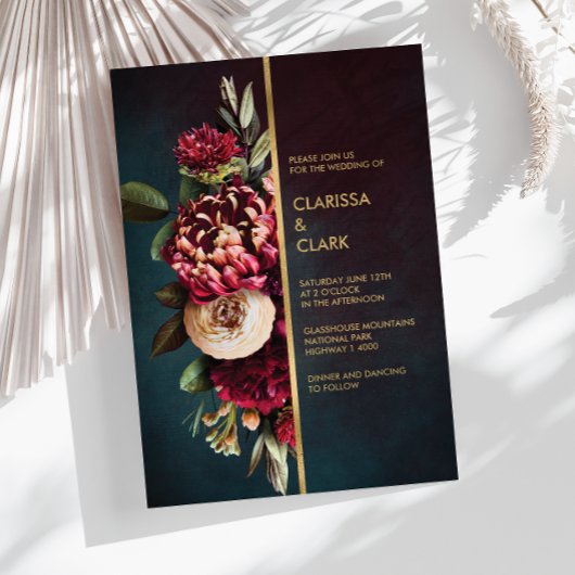 Dark Moody Bold Floral Marsala Wedding Einladung