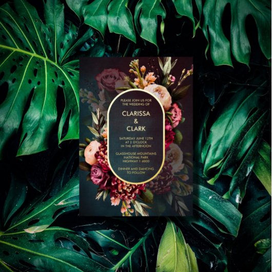 Dark Moody Bold Floral Marsala Wedding Foil Invit Folieneinladung