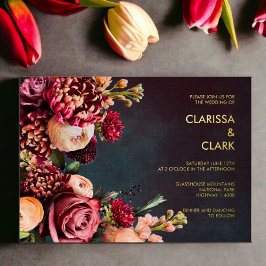 Dark Moody Bold Floral Marsala Wedding Folieneinladung