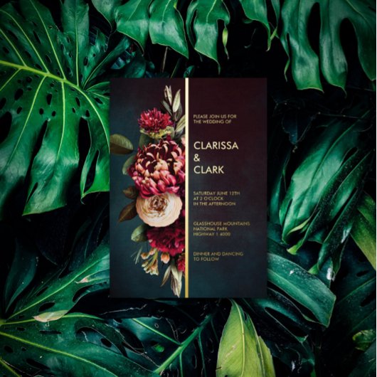 Dark Moody Bold Floral Marsala Wedding Folieneinladung
