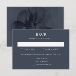 Dark Moody Botanical Blue Blume Wedding RSVP Karte