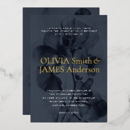 Dark Moody Botanical Overlay Blue Wedding Gold Folieneinladung