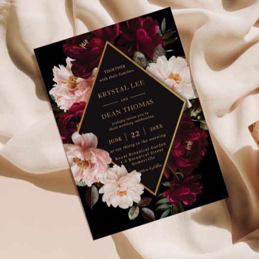 Dark Moody Burgundy Blush Black Floral Wedding Einladung
