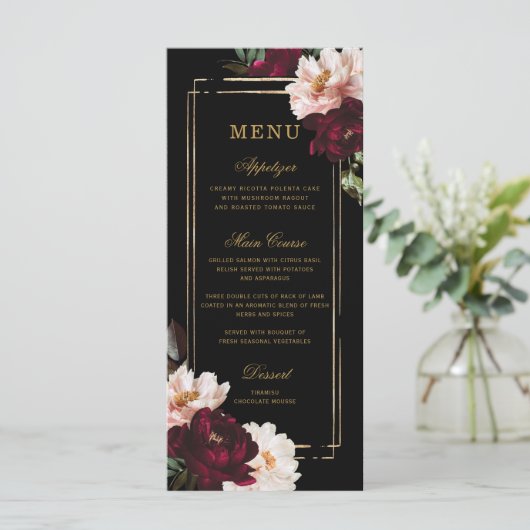 Dark Moody Burgundy Blush Black Floral Wedding Menükarte (Stehend Vorderseite)