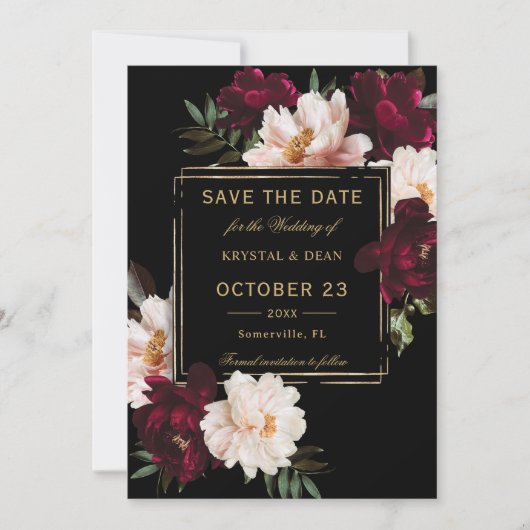 Dark Moody Burgundy Blush Black Floral Wedding Save The Date (Vorderseite)