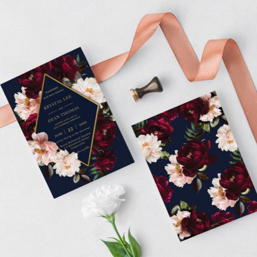 Dark Moody Burgundy Blush Navy Blue Floral Wedding Einladung
