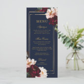 Dark Moody Burgundy Blush Navy Blue Floral Wedding Menükarte (Stehend Vorderseite)