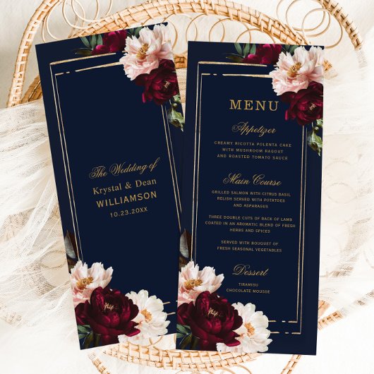 Dark Moody Burgundy Blush Navy Blue Floral Wedding Menükarte