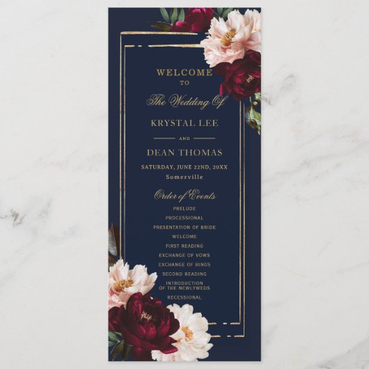 Dark Moody Burgundy Blush Navy Blue Floral Wedding Programm (Vorderseite)