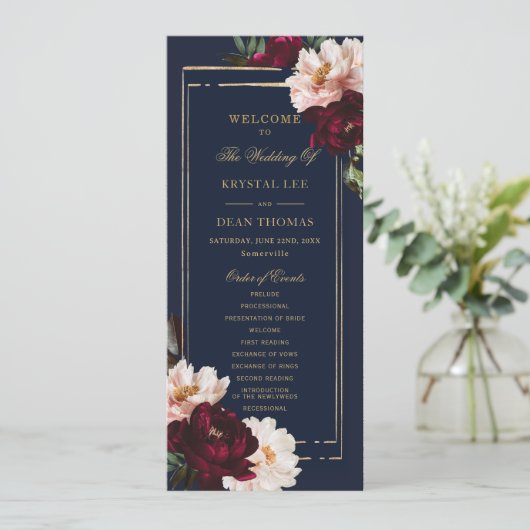 Dark Moody Burgundy Blush Navy Blue Floral Wedding Programm (Stehend Vorderseite)