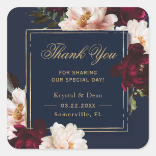 Dark Moody Burgundy Blush Navy Blue Floral Wedding Quadratischer Aufkleber