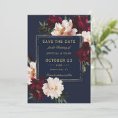 Dark Moody Burgundy Blush Navy Blue Floral Wedding Save The Date (Stehend Vorderseite)