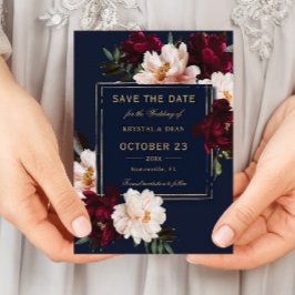 Dark Moody Burgundy Blush Navy Blue Floral Wedding Save The Date