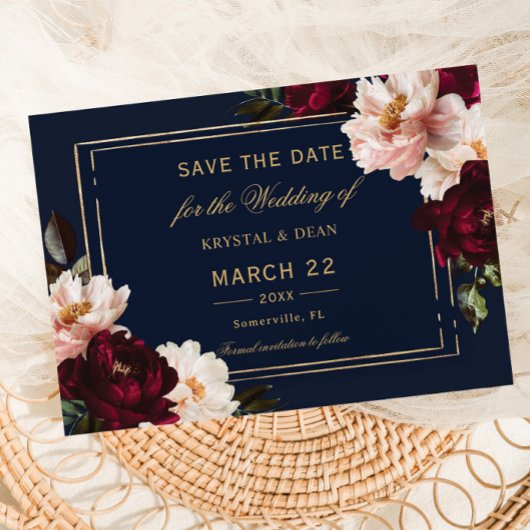 Dark Moody Burgundy Blush Navy Blue Floral Wedding Save The Date