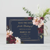 Dark Moody Burgundy Blush Navy Blue Floral Wedding Save The Date (Stehend Vorderseite)