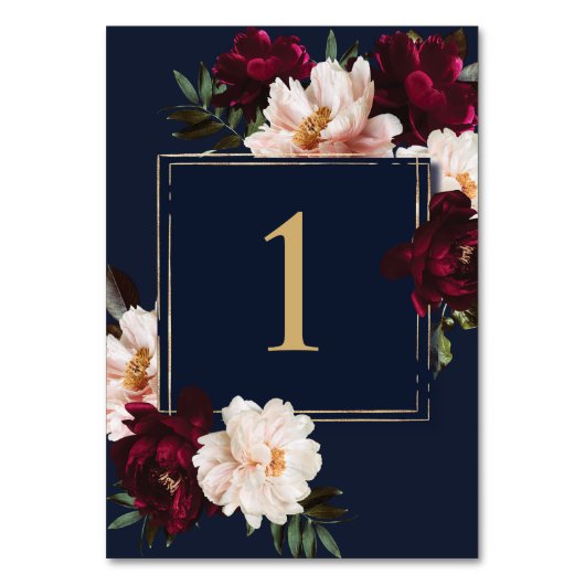 Dark Moody Burgundy Blush Navy Blue Floral Wedding Tischnummer (Vorderseite)