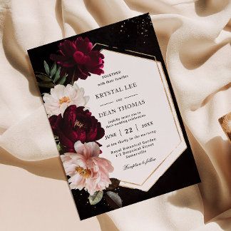 Dark Moody Burgundy Blush Peonies Floral Wedding Einladung