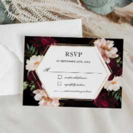Dark Moody Burgundy Blush Peonies Floral Wedding RSVP Karte