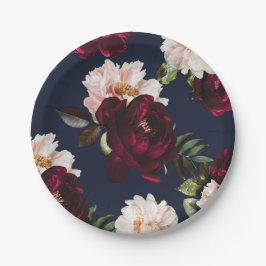 Dark Moody Burgundy Blush Peony Floral Navy Blue Pappteller