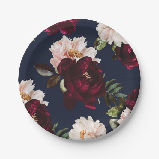 Dark Moody Burgundy Blush Peony Floral Navy Blue Pappteller (Vorderseite)