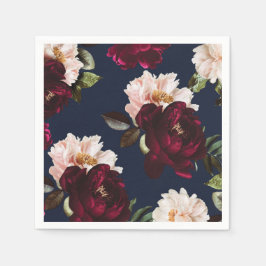 Dark Moody Burgundy Blush Peony Floral Navy Blue Serviette