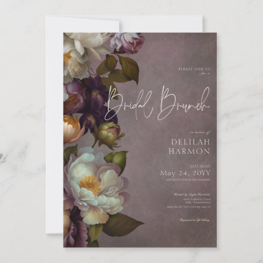 Dark Moody Burgundy & Cream Floral Bridal Brunch Einladung (Vorderseite)