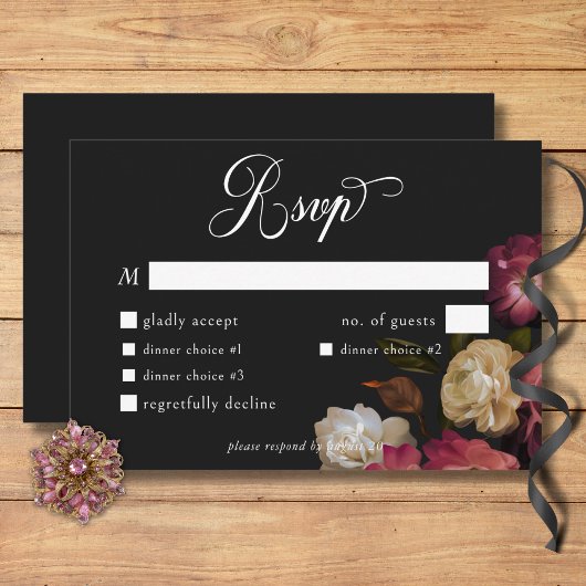 Dark Moody Burgundy & Cream Peonies Black Dinner RSVP Karte