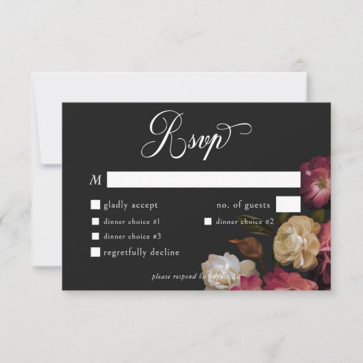 Dark Moody Burgundy & Cream Peonies Black Dinner RSVP Karte (Vorderseite)