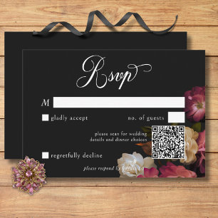 Dark Moody Burgundy & Cream Peonies Black QR Code RSVP Karte