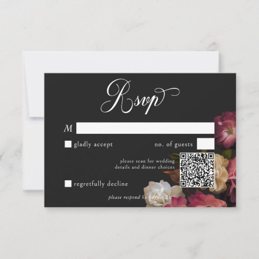 Dark Moody Burgundy & Cream Peonies Black QR Code RSVP Karte (Vorderseite)