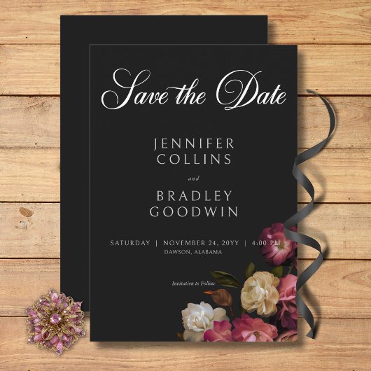 Dark Moody Burgundy & Cream Peonies Black Wedding Save The Date