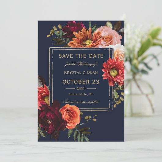 Dark Moody Burgundy Orange Floral Navy Hochzeit Save The Date (Stehend Vorderseite)
