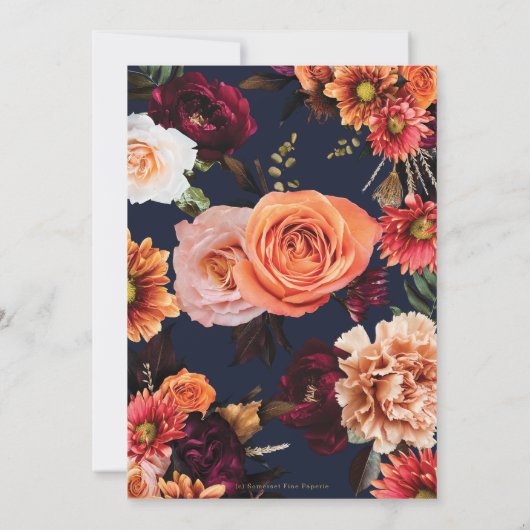 Dark Moody Burgundy Orange Floral Navy Hochzeit Save The Date (Rückseite)