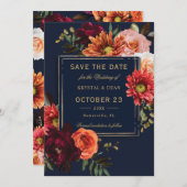 Dark Moody Burgundy Orange Floral Navy Hochzeit Save The Date (Vorne/Hinten)