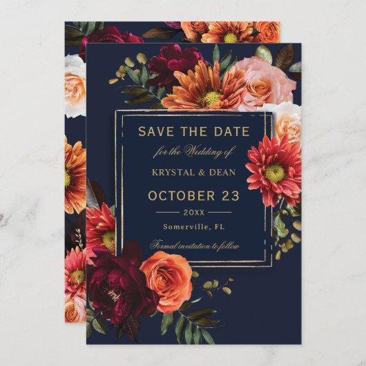 Dark Moody Burgundy Orange Floral Navy Hochzeit Save The Date (Vorne/Hinten)
